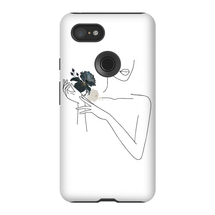 Pixel 3XL StrongFit Lineart Girl With Black Flowers by DaDo ART