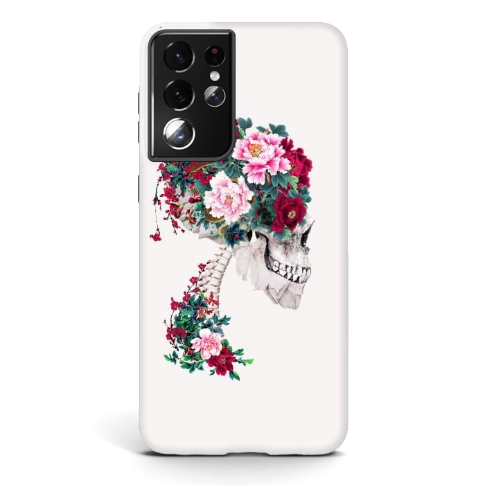 Galaxy S21 ultra StrongFit Skull with Peonies by Riza Peker