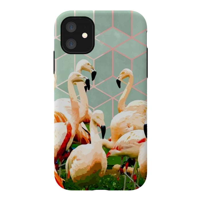 iPhone 11 StrongFit Flamingle Abstract Digital, Flamingo Wildlife Painting, Birds Geometric Collage by Uma Prabhakar Gokhale