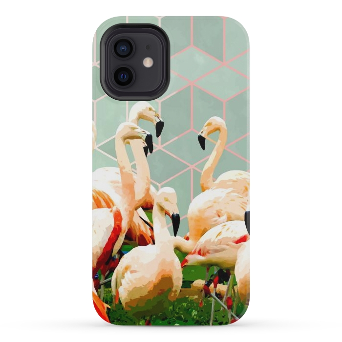 iPhone 12 mini StrongFit Flamingle Abstract Digital, Flamingo Wildlife Painting, Birds Geometric Collage by Uma Prabhakar Gokhale