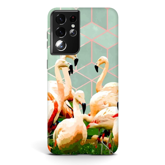 Galaxy S21 ultra StrongFit Flamingle Abstract Digital, Flamingo Wildlife Painting, Birds Geometric Collage by Uma Prabhakar Gokhale