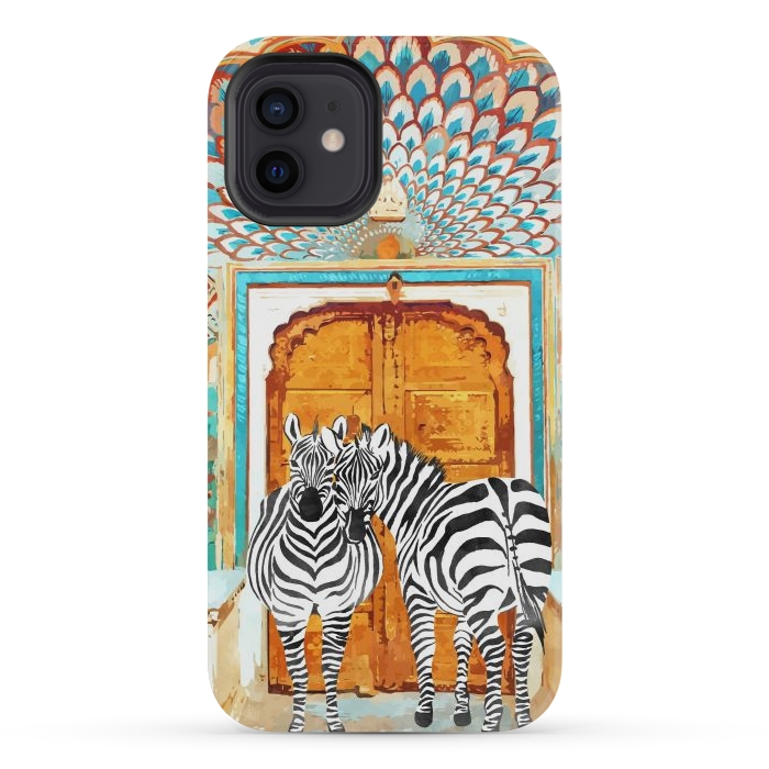 iPhone 12 mini StrongFit Take Your Stripes Wherever You Go Painting, Zebra Wildlife Architecture, Indian Palace Door Painting by Uma Prabhakar Gokhale