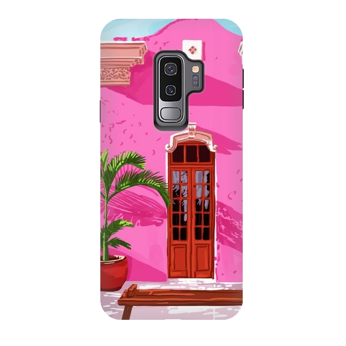 Galaxy S9 plus StrongFit Pink Building Architecture | Pop Art Travel House Painting | Modern Bohemian Décor Spain Palace by Uma Prabhakar Gokhale