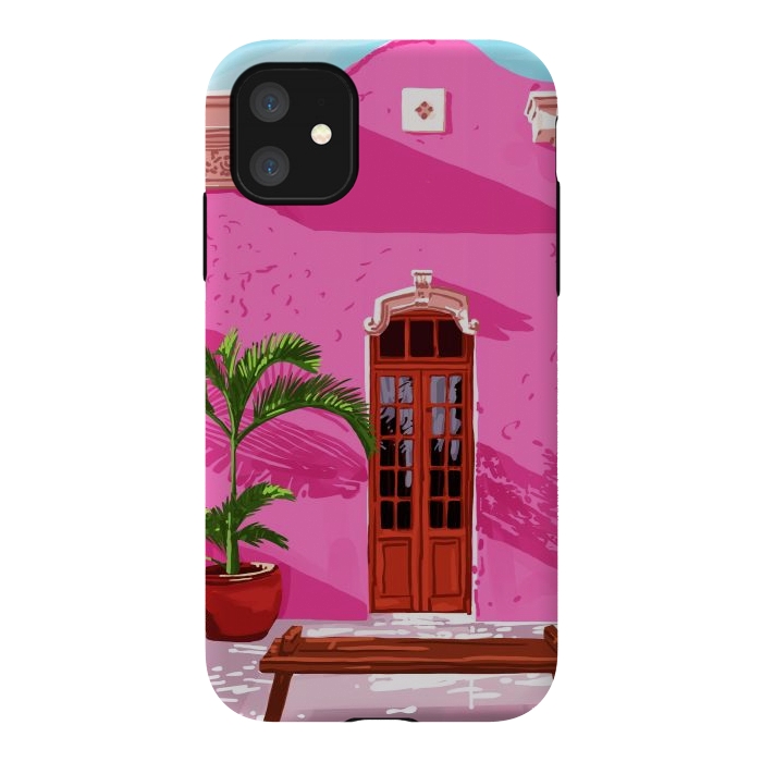 iPhone 11 StrongFit Pink Building Architecture | Pop Art Travel House Painting | Modern Bohemian Décor Spain Palace by Uma Prabhakar Gokhale