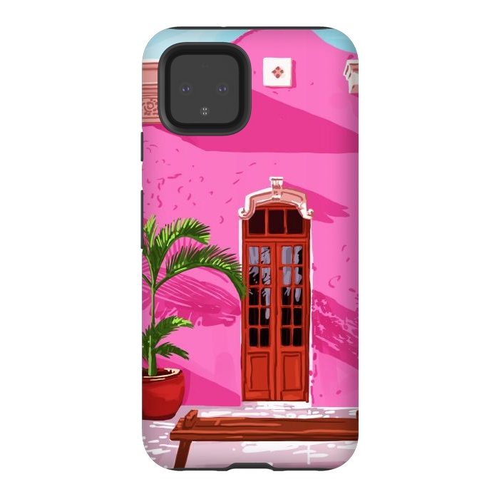 Pixel 4 StrongFit Pink Building Architecture | Pop Art Travel House Painting | Modern Bohemian Décor Spain Palace by Uma Prabhakar Gokhale