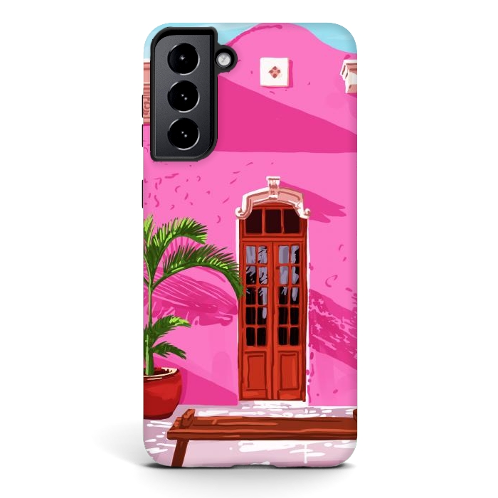 Galaxy S21 plus StrongFit Pink Building Architecture | Pop Art Travel House Painting | Modern Bohemian Décor Spain Palace by Uma Prabhakar Gokhale