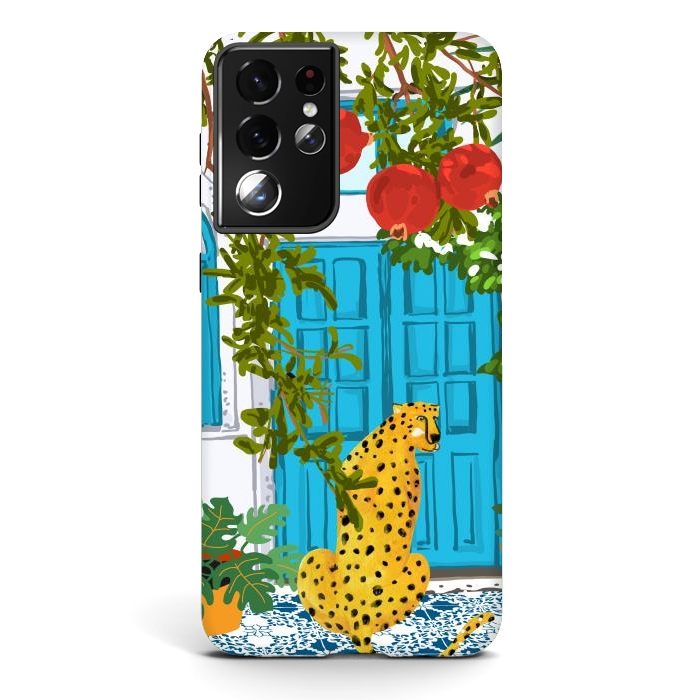 Galaxy S21 ultra StrongFit Cheetah Home, Morocco Architecture Illustration, Greece Cats Tropical Urban Jungle Pomegranate by Uma Prabhakar Gokhale