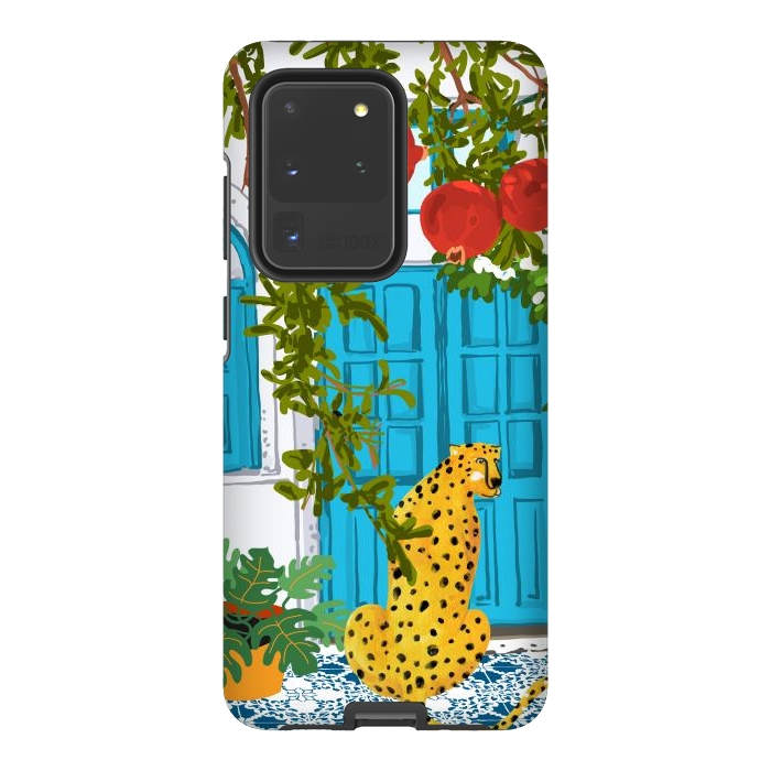 Galaxy S20 Ultra StrongFit Cheetah Home, Morocco Architecture Illustration, Greece Cats Tropical Urban Jungle Pomegranate by Uma Prabhakar Gokhale