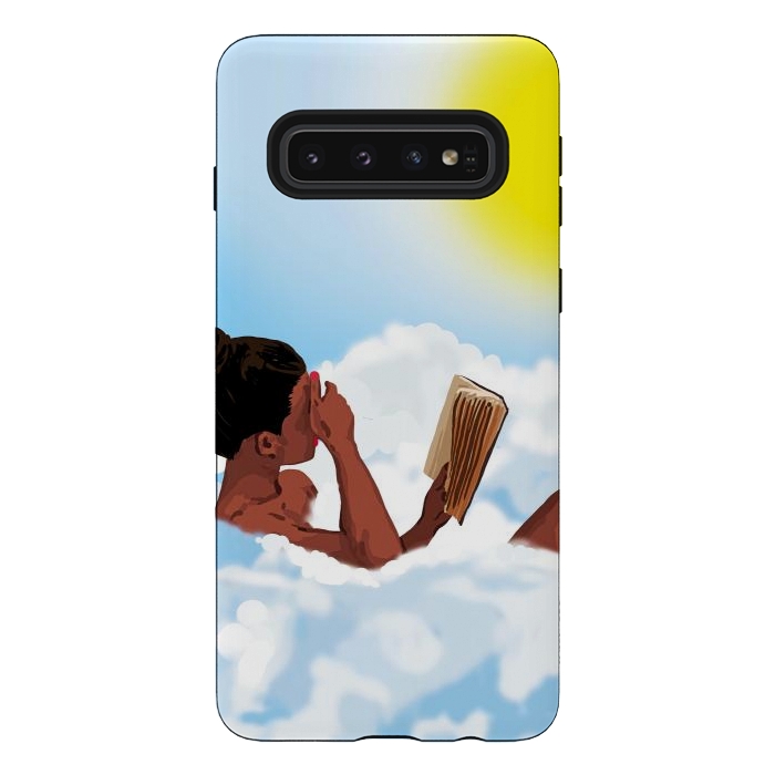Galaxy S10 StrongFit Reading on Clouds, Black Woman Summer Sunny Day Book Painting, Bohemian Nude by Uma Prabhakar Gokhale