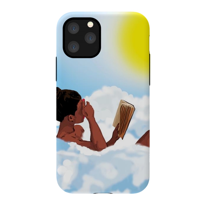iPhone 11 Pro StrongFit Reading on Clouds, Black Woman Summer Sunny Day Book Painting, Bohemian Nude by Uma Prabhakar Gokhale