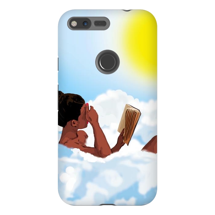 Pixel XL StrongFit Reading on Clouds, Black Woman Summer Sunny Day Book Painting, Bohemian Nude by Uma Prabhakar Gokhale