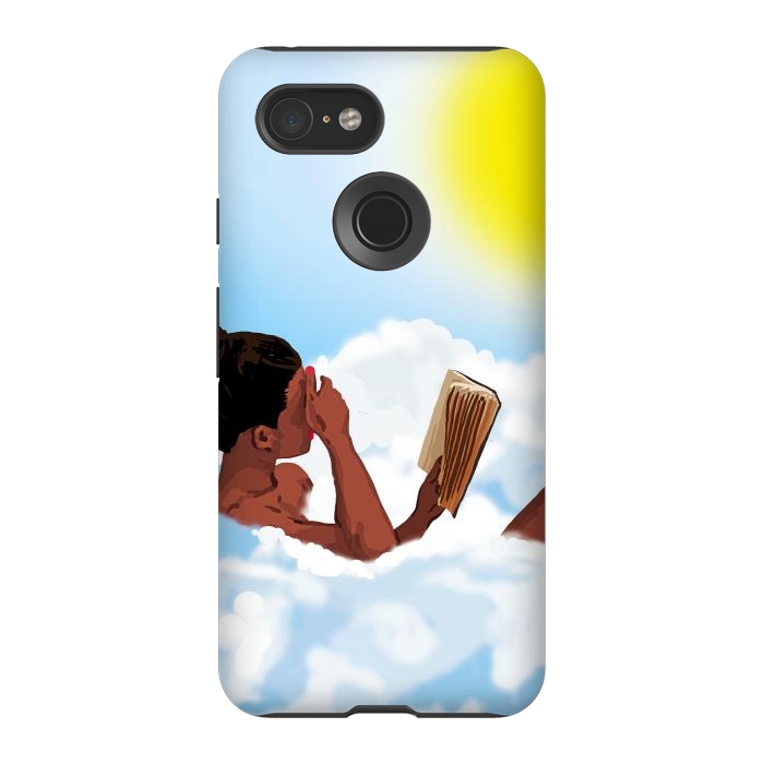 Pixel 3 StrongFit Reading on Clouds, Black Woman Summer Sunny Day Book Painting, Bohemian Nude by Uma Prabhakar Gokhale