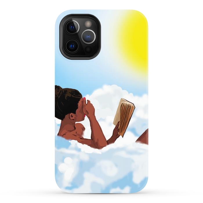 iPhone 12 Pro Max StrongFit Reading on Clouds, Black Woman Summer Sunny Day Book Painting, Bohemian Nude by Uma Prabhakar Gokhale