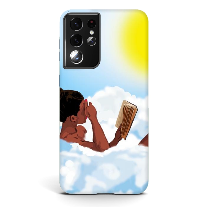 Galaxy S21 ultra StrongFit Reading on Clouds, Black Woman Summer Sunny Day Book Painting, Bohemian Nude by Uma Prabhakar Gokhale