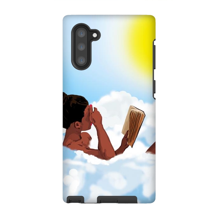 Galaxy Note 10 StrongFit Reading on Clouds, Black Woman Summer Sunny Day Book Painting, Bohemian Nude by Uma Prabhakar Gokhale