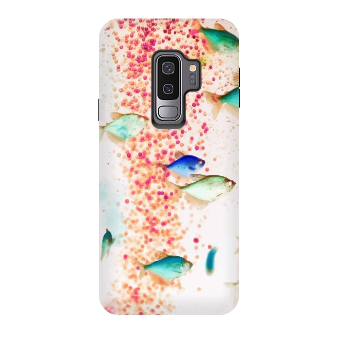 Galaxy S9 plus StrongFit Something Fishy, Pink Bubbles & Blue Green Fish Graphic Design Digital Eclectic Surrealism by Uma Prabhakar Gokhale