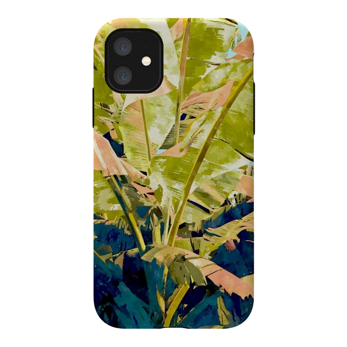 iPhone 11 StrongFit Blush Banana Tree, Tropical Banana Leaves Painting, Watercolor Nature Jungle Botanical Illustration by Uma Prabhakar Gokhale