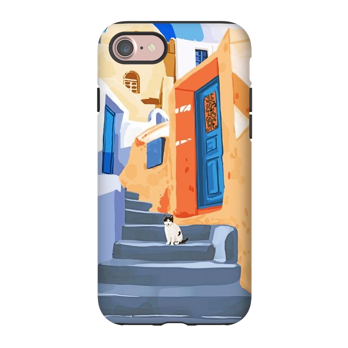 iPhone 7 StrongFit Cat in Greece, Architecture Tropical Exotic Travel Places City, Bohemian Beachy Santorini Painting by Uma Prabhakar Gokhale