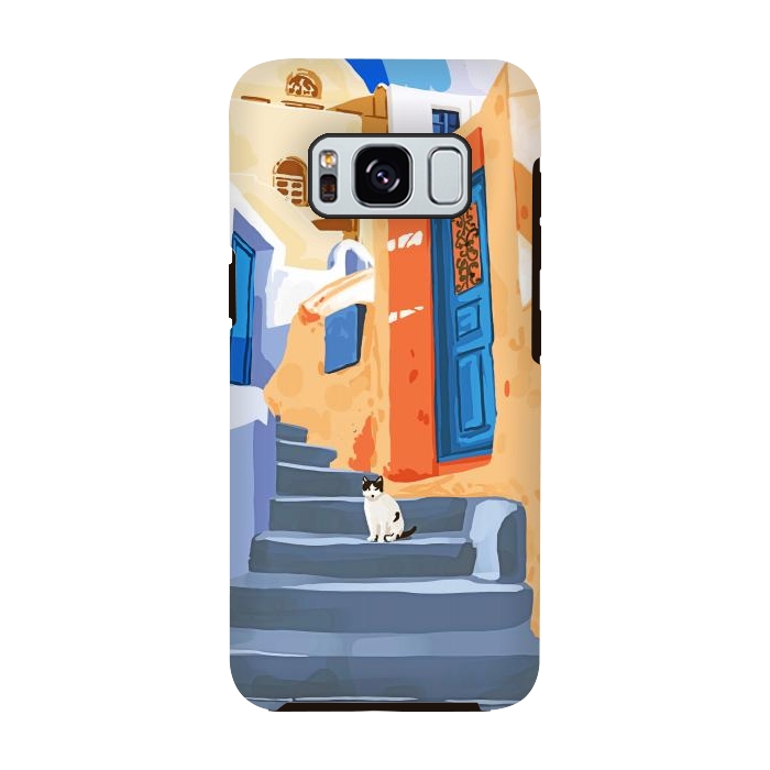 Galaxy S8 StrongFit Cat in Greece, Architecture Tropical Exotic Travel Places City, Bohemian Beachy Santorini Painting by Uma Prabhakar Gokhale