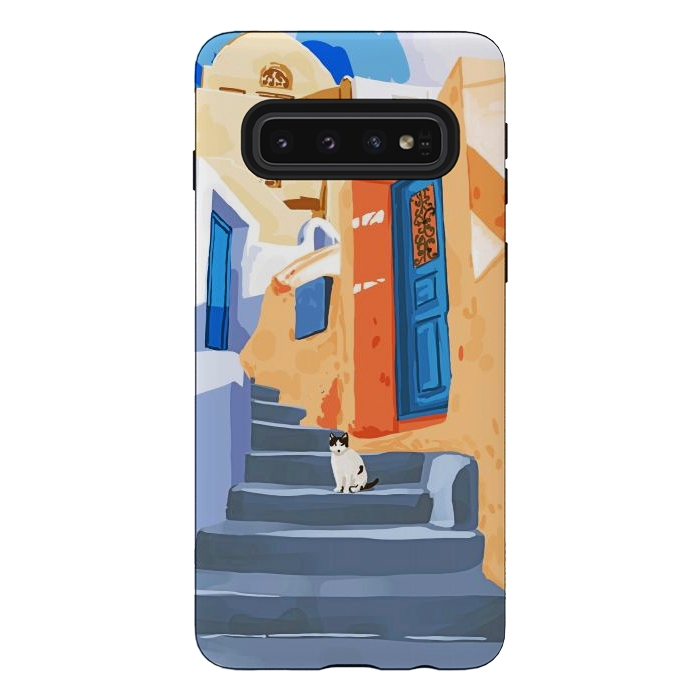 Galaxy S10 StrongFit Cat in Greece, Architecture Tropical Exotic Travel Places City, Bohemian Beachy Santorini Painting by Uma Prabhakar Gokhale