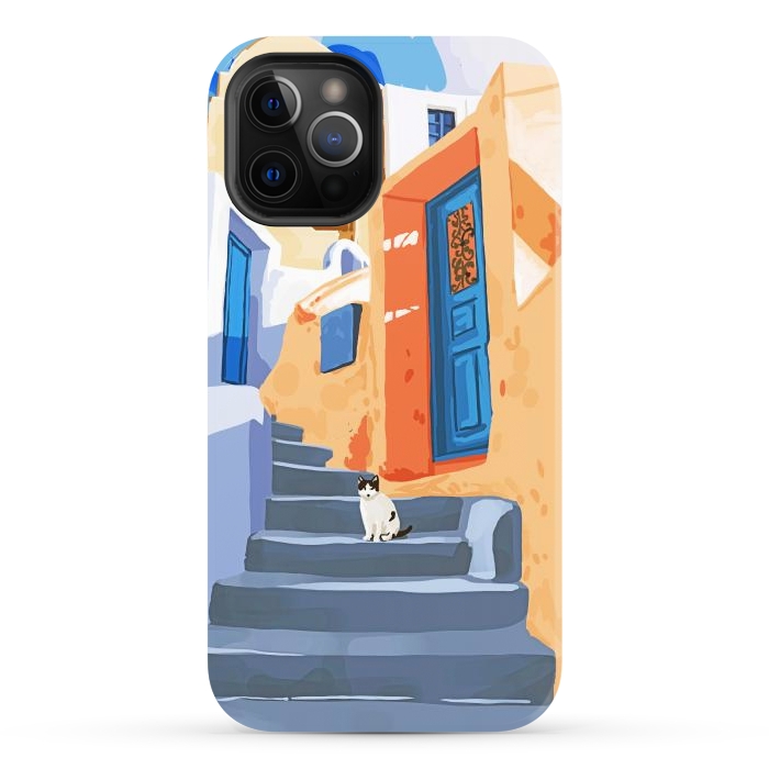 iPhone 12 Pro Max StrongFit Cat in Greece, Architecture Tropical Exotic Travel Places City, Bohemian Beachy Santorini Painting by Uma Prabhakar Gokhale