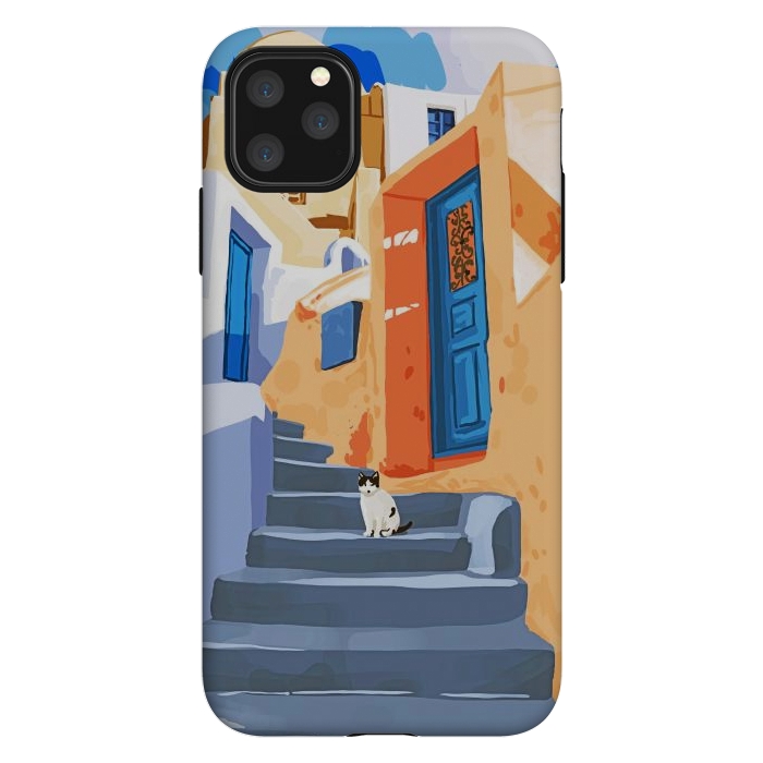 iPhone 11 Pro Max StrongFit Cat in Greece, Architecture Tropical Exotic Travel Places City, Bohemian Beachy Santorini Painting by Uma Prabhakar Gokhale