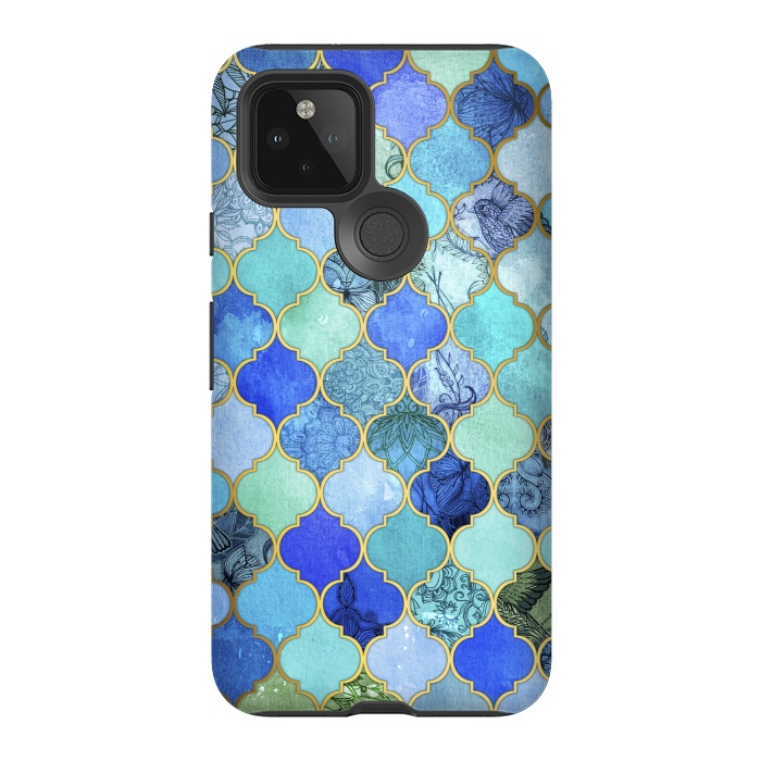 Pixel 5 StrongFit Cobalt Blue Aqua and Gold Decorative Moroccan Tile Pattern by Micklyn Le Feuvre