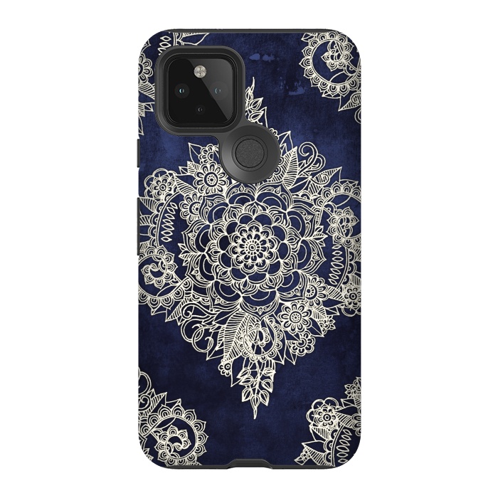 Pixel 5 StrongFit Cream Floral Moroccan Pattern on Deep Indigo Ink by Micklyn Le Feuvre