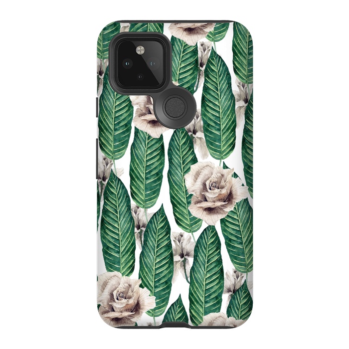 Pixel 5 StrongFit Tropical leaves and white roses by Mmartabc