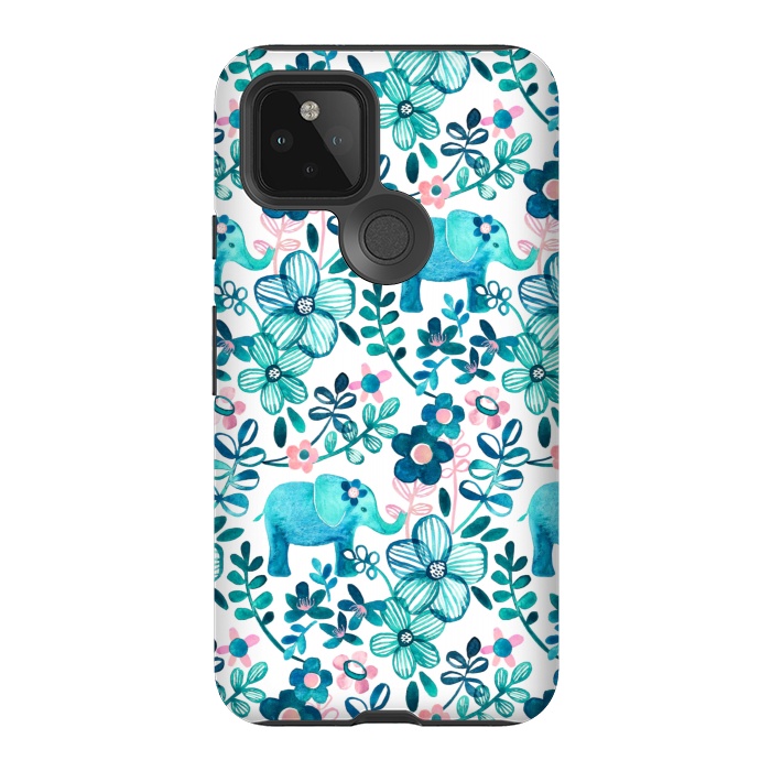 Pixel 5 StrongFit Little Teal Elephant Watercolor Floral on White by Micklyn Le Feuvre