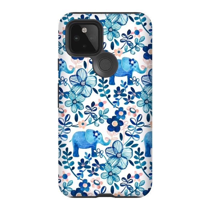 Pixel 5 StrongFit Little Blue Elephant Watercolor Floral on White by Micklyn Le Feuvre