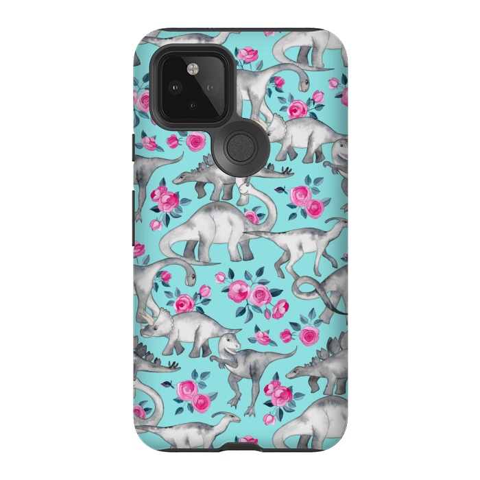 Pixel 5 StrongFit Dinosaurs and Roses on Turquoise by Micklyn Le Feuvre