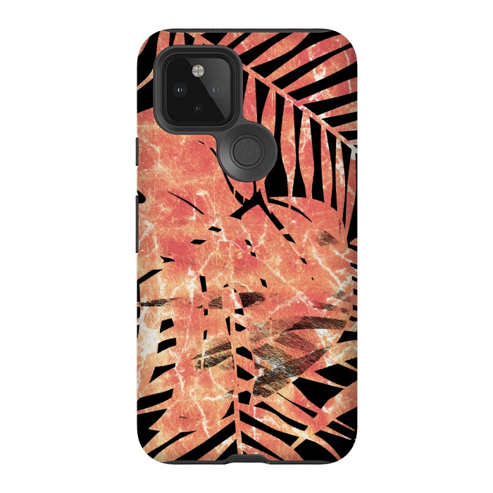 Pixel 5 StrongFit Golden palm and ficus tropical marble leaves on black background by Oana 