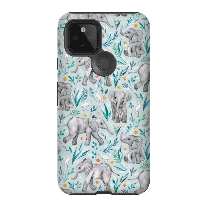 Pixel 5 StrongFit Little Watercolor Elephants and Egrets on Light Blue by Micklyn Le Feuvre