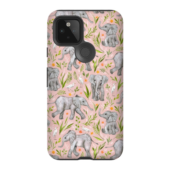 Pixel 5 StrongFit Little Watercolor Elephants and Egrets on Blush Pink  by Micklyn Le Feuvre