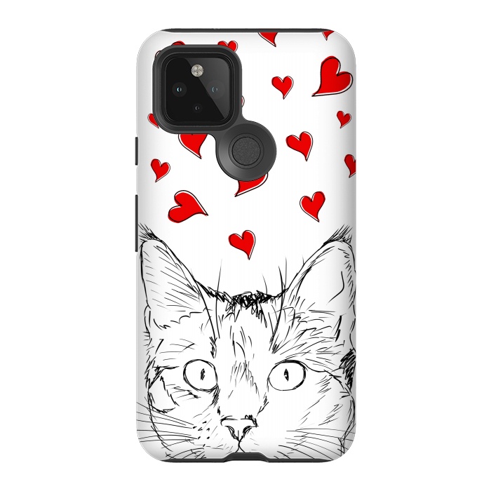 Pixel 5 StrongFit Cute line art cat and red hearts by Oana 
