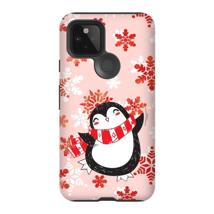 Pixel 5 StrongFit Happy penguin and metallic snowflakes - winter illustration by Oana 