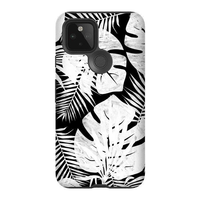 Pixel 5 StrongFit White textured jungle leaves on black backround by Oana 