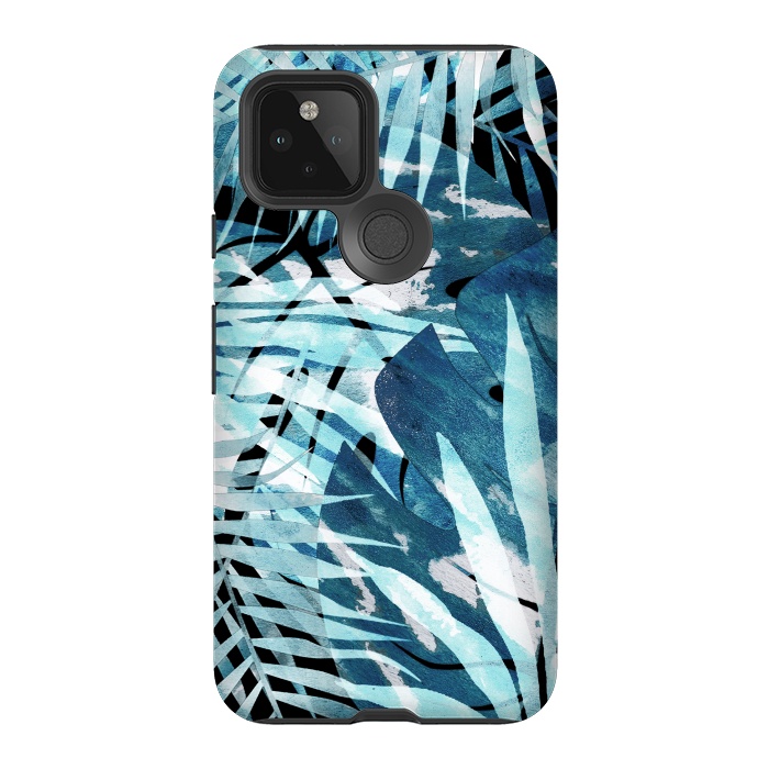 Pixel 5 StrongFit Turquosie watercolor painted tropical leaves by Oana 