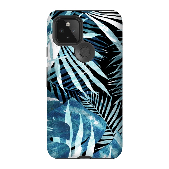 Pixel 5 StrongFit Turquoise black palm and ficus tropical leaves by Oana 