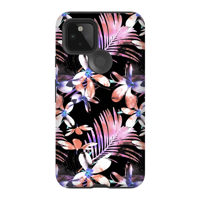 Pixel 5 StrongFit Pink purple hibiscus flowers and tropical leaves pattern by Oana 