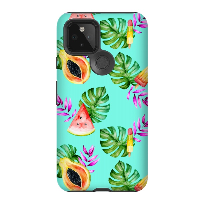 Pixel 5 StrongFit Tropical Fruits Ice Lollies Turquoise Background by Alemi