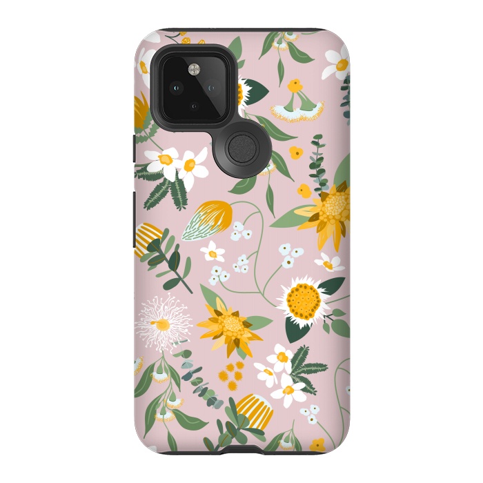 Pixel 5 StrongFit Stylized Australian Florals in Pink and Yellow by Paula Ohreen