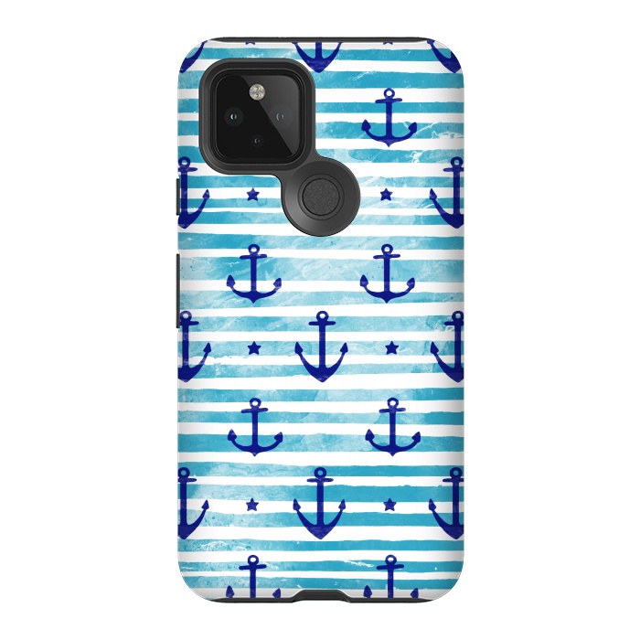 Pixel 5 StrongFit Blue watercolor anchors and stripes nautical pattern by Oana 