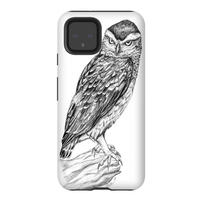 Pixel 4 StrongFit Little owl Athene noctua pencil artwork by Chloe Yzoard