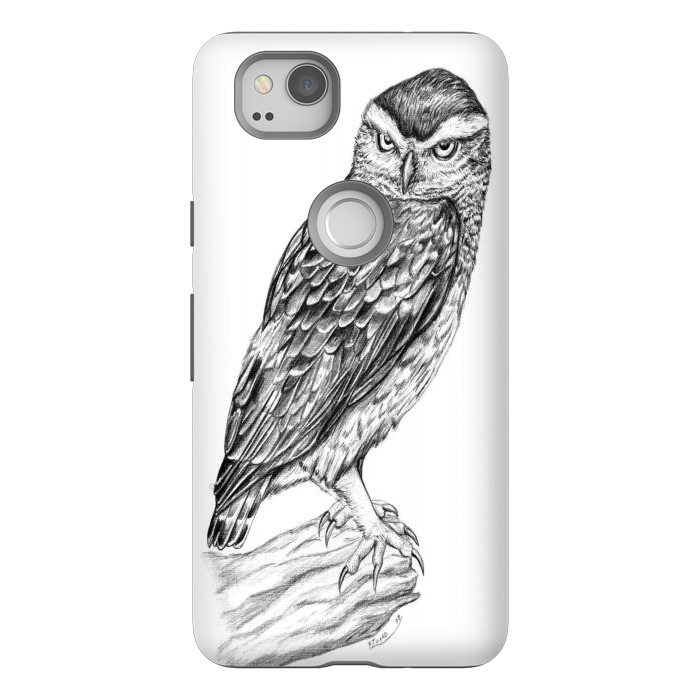 Pixel 2 StrongFit Little owl Athene noctua pencil artwork by Chloe Yzoard