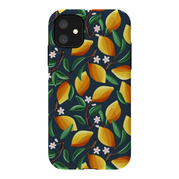 iPhone 11 StrongFit Lemon pattern, on dark by Jelena Obradovic