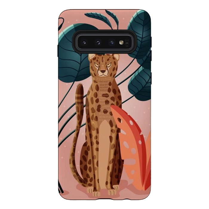 Galaxy S10 StrongFit Cheetah and palm leaves by Jelena Obradovic