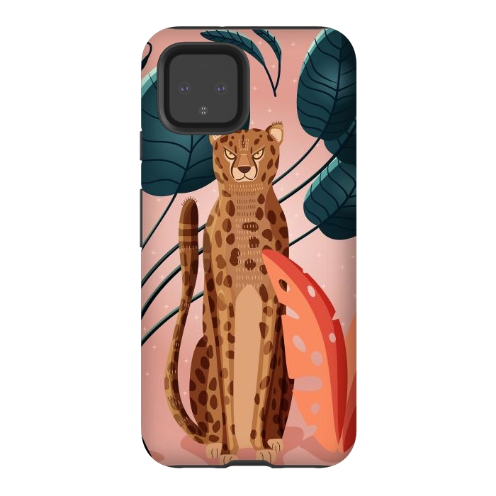 Pixel 4 StrongFit Cheetah and palm leaves by Jelena Obradovic