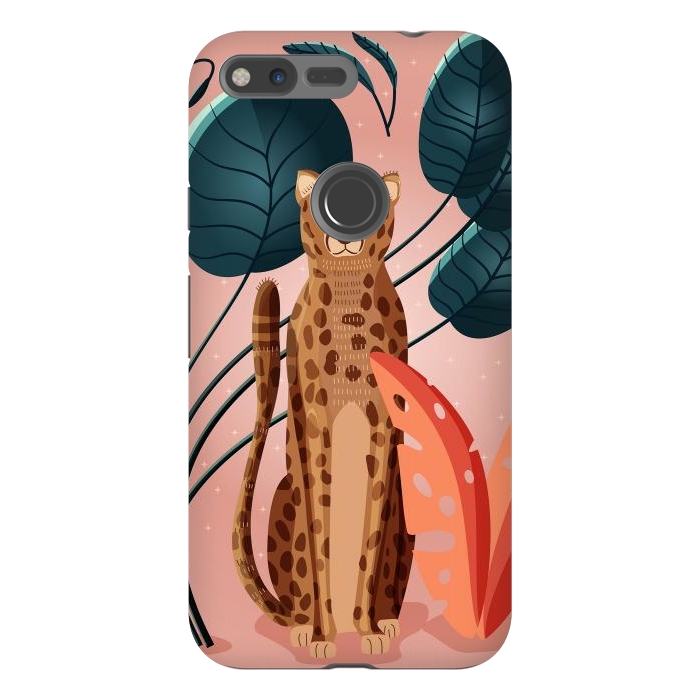 Pixel XL StrongFit Cheetah and palm leaves by Jelena Obradovic
